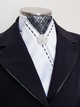 Load image into Gallery viewer, ERA MARLO STOCK TIE - White satin, pleated black/silver brocade, silver & black/silver piping