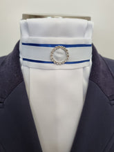 Load image into Gallery viewer, ERA EURO RIVIERA STOCK TIE - White pleated satin, royal blue and white trim and crystal ring
