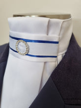 Load image into Gallery viewer, ERA EURO RIVIERA STOCK TIE - White pleated satin, royal blue and white trim and crystal ring
