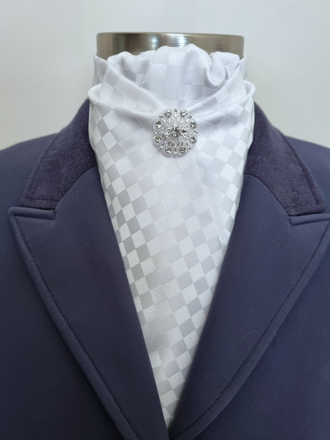 Clearance - ERA DEB STOCK TIE - White Checkerboard satin with brooch