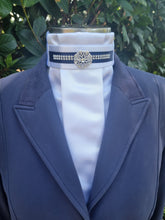 Load image into Gallery viewer, ERA EURO KARA Stock Tie - White pleated satin with navy &amp; crystal trim and brooch
