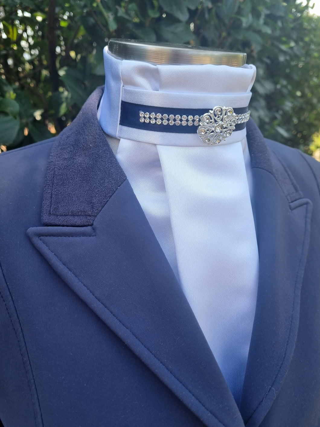 ERA EURO KARA Stock Tie - White pleated satin with navy & crystal trim and brooch