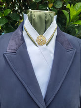 Load image into Gallery viewer, ERA RACHAEL STOCK TIE - White &amp; sage satin with gold and sage &quot;V&quot; piping &amp; silver brooch
