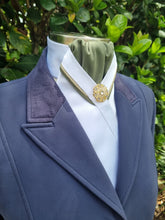 Load image into Gallery viewer, ERA RACHAEL STOCK TIE - White &amp; sage satin with gold and sage &quot;V&quot; piping &amp; silver brooch
