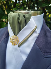 Load image into Gallery viewer, ERA RACHAEL STOCK TIE - White &amp; sage satin with gold and sage &quot;V&quot; piping &amp; silver brooch
