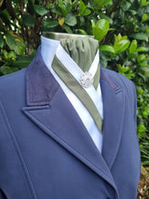 Load image into Gallery viewer, ERA TAYLA STOCK TIE - White satin with sage green centre &amp; trim, silver brooch

