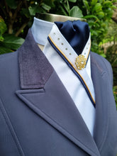 Load image into Gallery viewer, ERA SOPHIE STOCKTIE - White &amp; navy with gold &amp; navy piping, crystals and gold brooch
