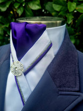 Load image into Gallery viewer, ERA RACHAEL STOCK TIE - White satin &amp; purple with silver and purple piping &amp; brooch
