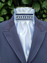 Load image into Gallery viewer, ERA EURO REGAL STOCK TIE - White satin with navy ribbon and lace trim with crystals
