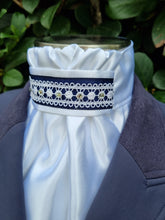 Load image into Gallery viewer, ERA EURO REGAL STOCK TIE - White satin with navy ribbon and lace trim with crystals
