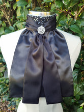 Load image into Gallery viewer, ERA Elle Stock Tie - Black Satin with Soft Ties and Black Sequined insert and Brooch
