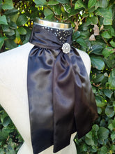 Load image into Gallery viewer, ERA Elle Stock Tie - Black Satin with Soft Ties and Black Sequined insert and Brooch
