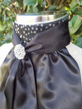 Load image into Gallery viewer, ERA Elle Stock Tie - Black Satin with Soft Ties and Black Sequined insert and Brooch
