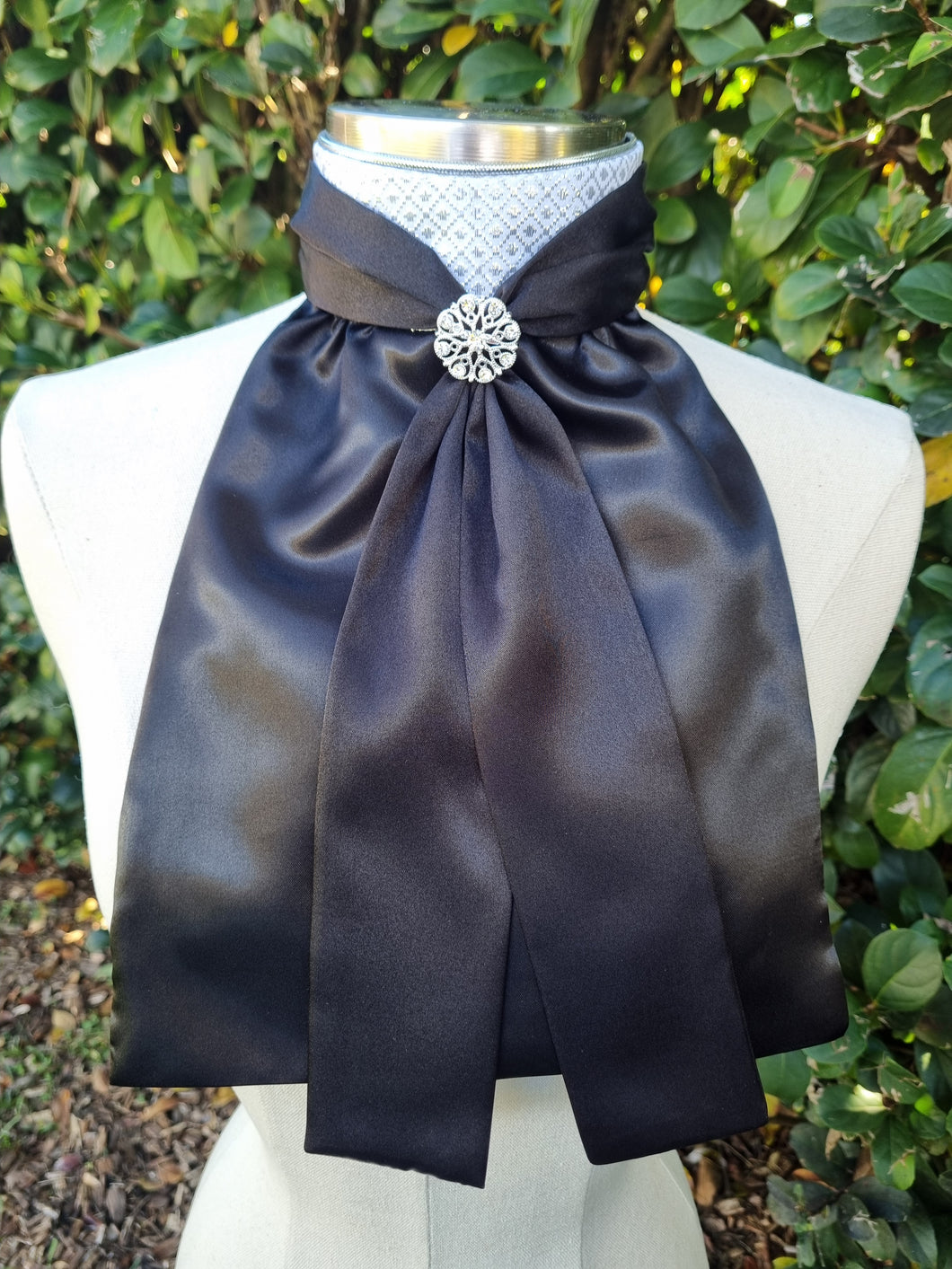 ERA Elle Stock Tie - Black Satin with Soft Ties and Diamond Brocade insert & brooch