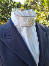 Load image into Gallery viewer, ERA EURO LYNDAL Stock Tie - White satin with silver satin piping and brooch
