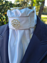 Load image into Gallery viewer, ERA EURO LYNDAL Stock Tie - White satin with silver satin piping and brooch
