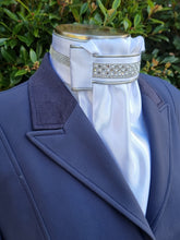 Load image into Gallery viewer, ERA Euro Lyndal Regal Stock Tie - White Satin with silver piping &amp; crystal and pearl trim
