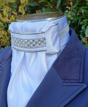 Load image into Gallery viewer, ERA Euro Lyndal Regal Stock Tie - White Satin with silver piping &amp; crystal and pearl trim
