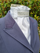 Load image into Gallery viewer, ERA Euro Lyndal Regal Stock Tie - White Satin with silver piping &amp; crystal and pearl trim
