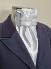 Load image into Gallery viewer, ERA Euro Lyndal Regal Stock Tie - White Satin with white piping &amp; pearl detail
