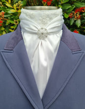 Load image into Gallery viewer, ERA ELLE Pre-tied Stock Tie - White satin Soft Ties with Embroidered Lace Centre and silver brooch
