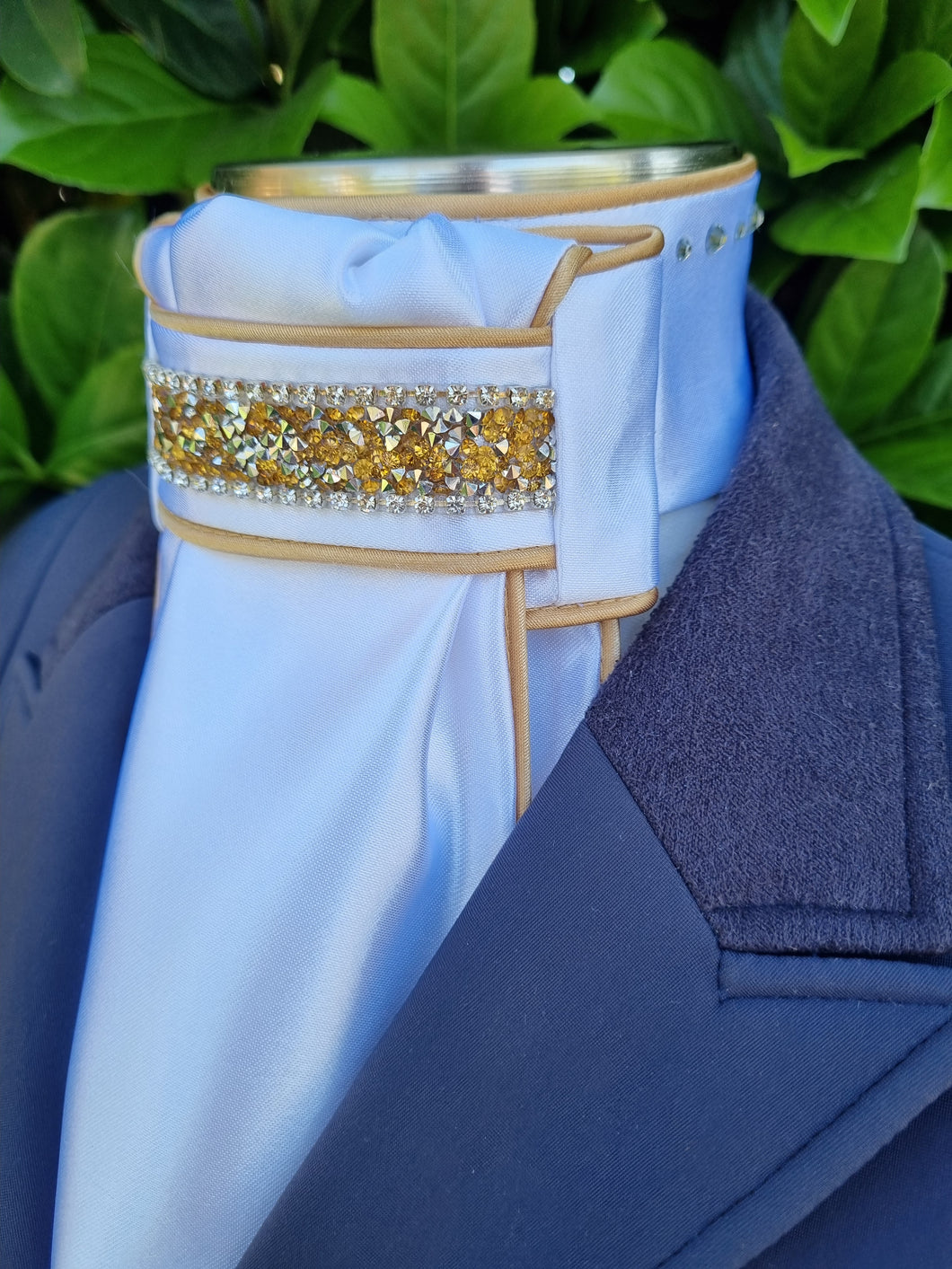 ERA Euro Lyndal Regal Stock Tie - White Satin with gold piping and trim