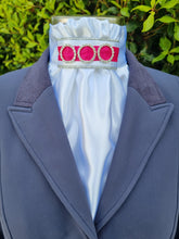 Load image into Gallery viewer, ERA EURO REGAL STOCK TIE - White satin, silver piping, hot pink trim and crystal rings
