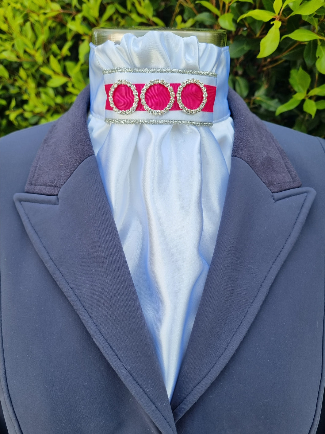 ERA EURO REGAL STOCK TIE - White satin, silver piping, hot pink trim and crystal rings
