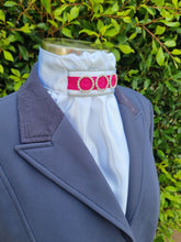 Load image into Gallery viewer, ERA EURO REGAL STOCK TIE - White satin, silver piping, hot pink trim and crystal rings
