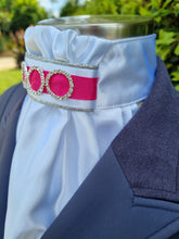 Load image into Gallery viewer, ERA EURO REGAL STOCK TIE - White satin, silver piping, hot pink trim and crystal rings
