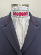 Load image into Gallery viewer, ERA EURO REGAL STOCK TIE - White satin, silver piping, hot pink trim and crystal rings
