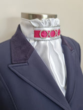 Load image into Gallery viewer, ERA EURO REGAL STOCK TIE - White satin, silver piping, hot pink trim and crystal rings
