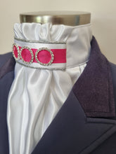 Load image into Gallery viewer, ERA EURO REGAL STOCK TIE - White satin, silver piping, hot pink trim and crystal rings
