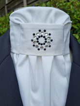 Load image into Gallery viewer, ERA EURO LYNDAL COTTON STOCK TIE - White 100% cotton with black piping &amp; black and clear crystals
