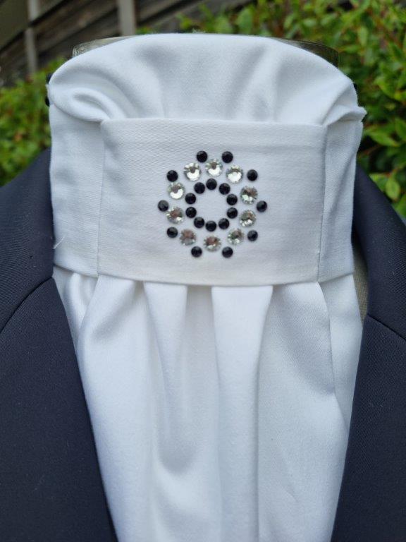 ERA EURO LYNDAL COTTON STOCK TIE - White 100% cotton with black piping & black and clear crystals