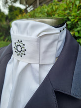 Load image into Gallery viewer, ERA EURO LYNDAL COTTON STOCK TIE - White 100% cotton with black piping &amp; black and clear crystals
