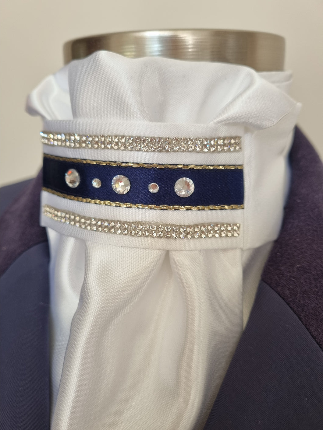 ERA Euro Lyndal Regal Stock Tie - White Satin with navy or Black ribbon and crystal trim