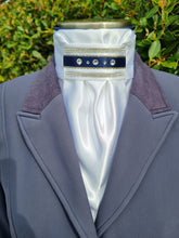 Load image into Gallery viewer, ERA Euro Lyndal Regal Stock Tie - White Satin with navy or Black ribbon and crystal trim
