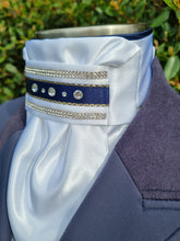 Load image into Gallery viewer, ERA Euro Lyndal Regal Stock Tie - White Satin with navy or Black ribbon and crystal trim
