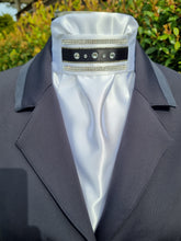 Load image into Gallery viewer, ERA Euro Lyndal Regal Stock Tie - White Satin with navy or Black ribbon and crystal trim
