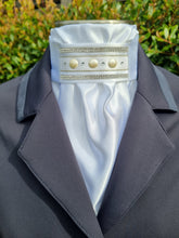 Load image into Gallery viewer, ERA Euro Lyndal Regal Stock Tie - White Satin with White ribbon and Pearl &amp; crystal trim
