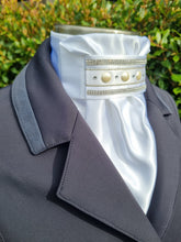 Load image into Gallery viewer, ERA Euro Lyndal Regal Stock Tie - White Satin with White ribbon and Pearl &amp; crystal trim
