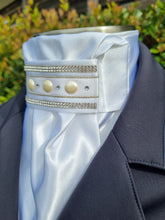 Load image into Gallery viewer, ERA Euro Lyndal Regal Stock Tie - White Satin with White ribbon and Pearl &amp; crystal trim
