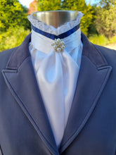 Load image into Gallery viewer, ERA EURO BELLE Stock Tie - White satin with Navy blue trim, lace frill and brooch
