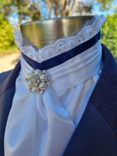 Load image into Gallery viewer, ERA EURO BELLE Stock Tie - White satin with Navy blue trim, lace frill and brooch

