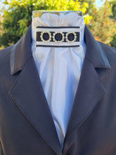 Load image into Gallery viewer, ERA EURO REGAL STOCK TIE - White satin with black piping, black grosgrain trim &amp; pearl &amp; crystal rings
