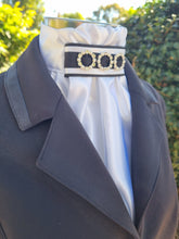 Load image into Gallery viewer, ERA EURO REGAL STOCK TIE - White satin with black piping, black grosgrain trim &amp; pearl &amp; crystal rings
