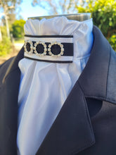 Load image into Gallery viewer, ERA EURO REGAL STOCK TIE - White satin with black piping, black grosgrain trim &amp; pearl &amp; crystal rings
