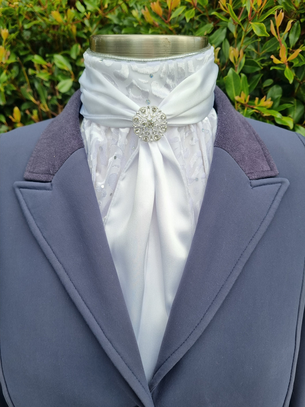 ERA Elle Pre-tied Stock Tie Plastron - White Satin Soft Ties Full Body Flock Georgette & Brooch