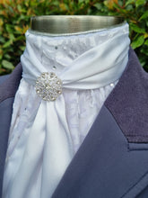 Load image into Gallery viewer, ERA Elle Pre-tied Stock Tie Plastron - White Satin Soft Ties Full Body Flock Georgette &amp; Brooch
